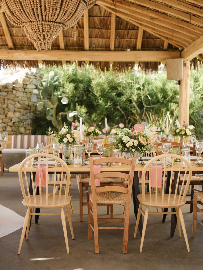 reception wedding dinner decoration at Alemagou boho chic sea view seafront summer wedding in mykonos Greece at Alemagou ftelia classy classic designed by Only for you events
