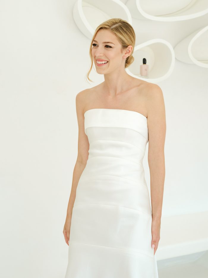 bride wearing minimal classy wedding dress portrait sea view seafront summer wedding in mykonos Greece at Alemagou ftelia classy classic designed by Only for you events